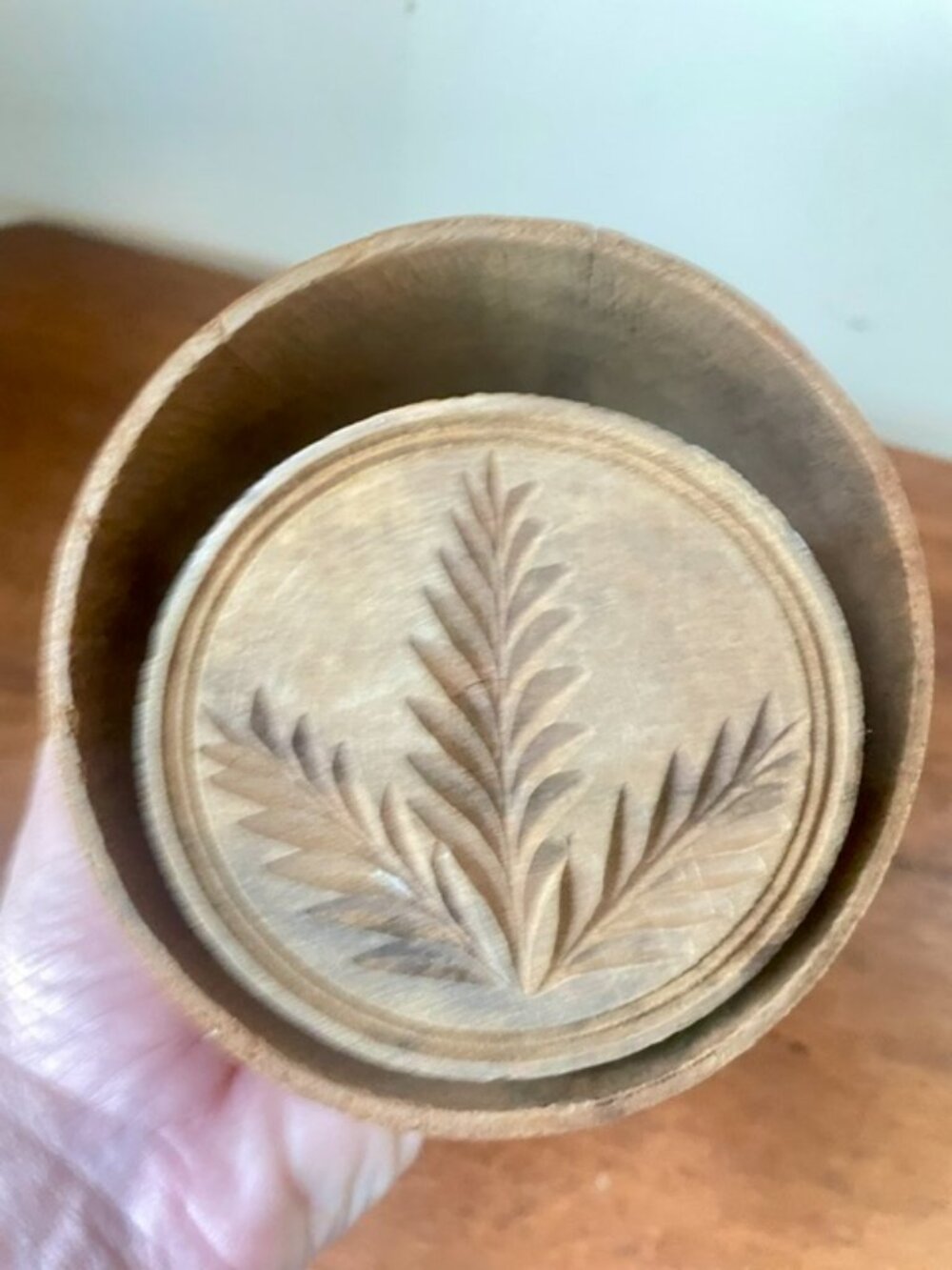 Antique Primitive Turned Wood Butter Mold Plunger Carved Wheat Leaf